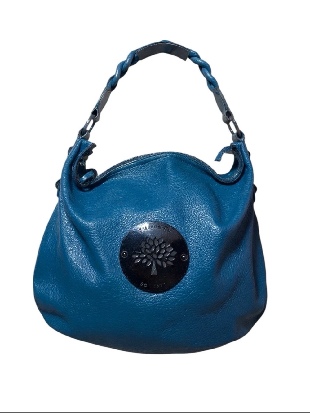 Mulberry Blue Leather Braided-Handle Hobo Bag